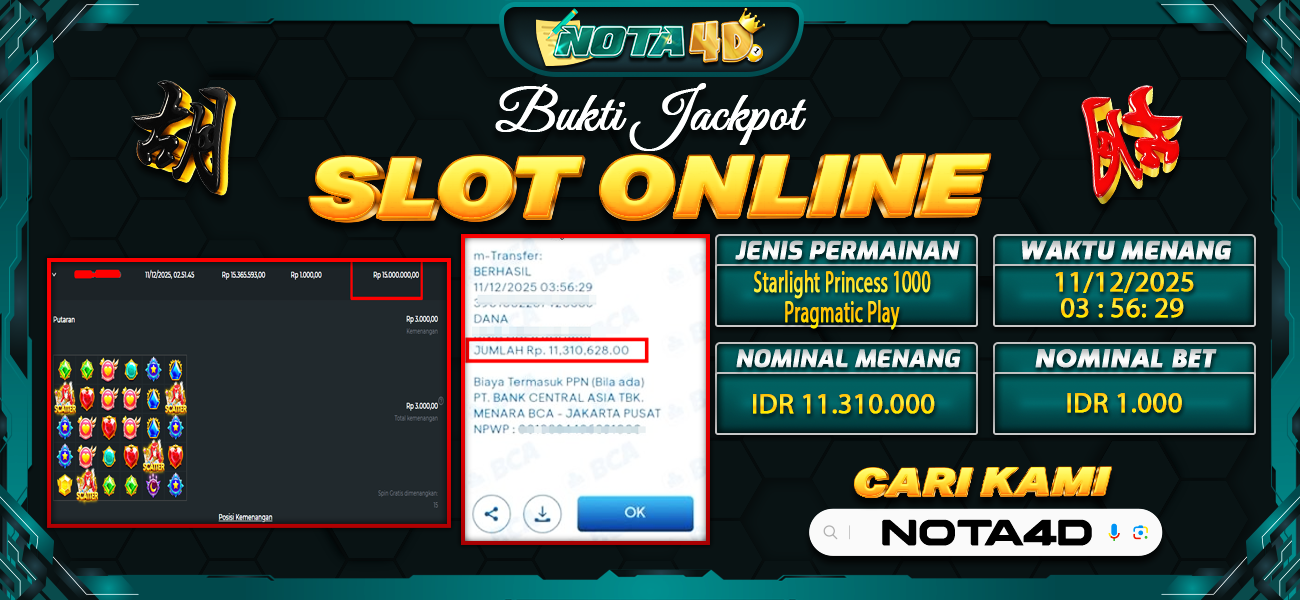 Bukti Kemenangan Besar Dibayar lunas Member NOTA4D RP 11.310.000, 12 Desember 2025