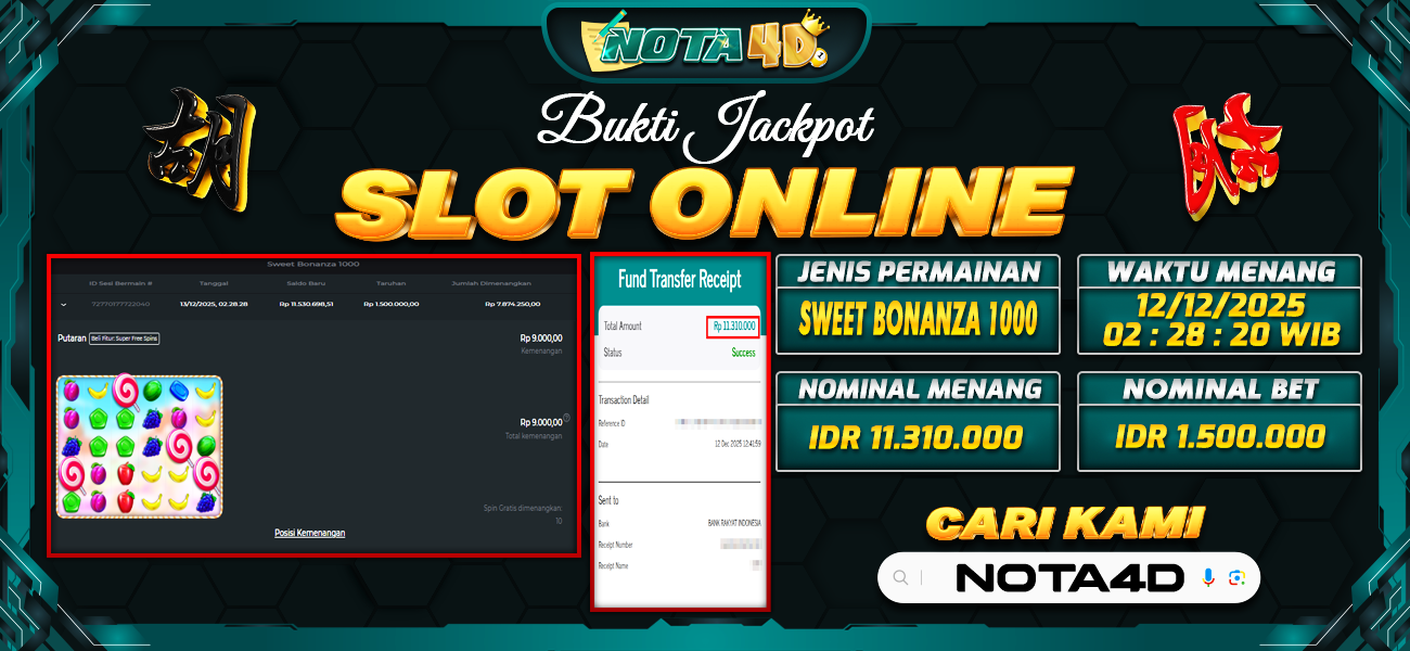 Bukti Kemenangan Besar Dibayar lunas Member NOTA4D RP 11.310.000, 12 Desember 2025