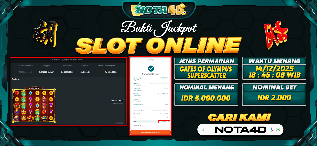 Bukti Kemenangan Besar Dibayar lunas Member NOTA4D RP 5.000.000, 14 Desember 2025