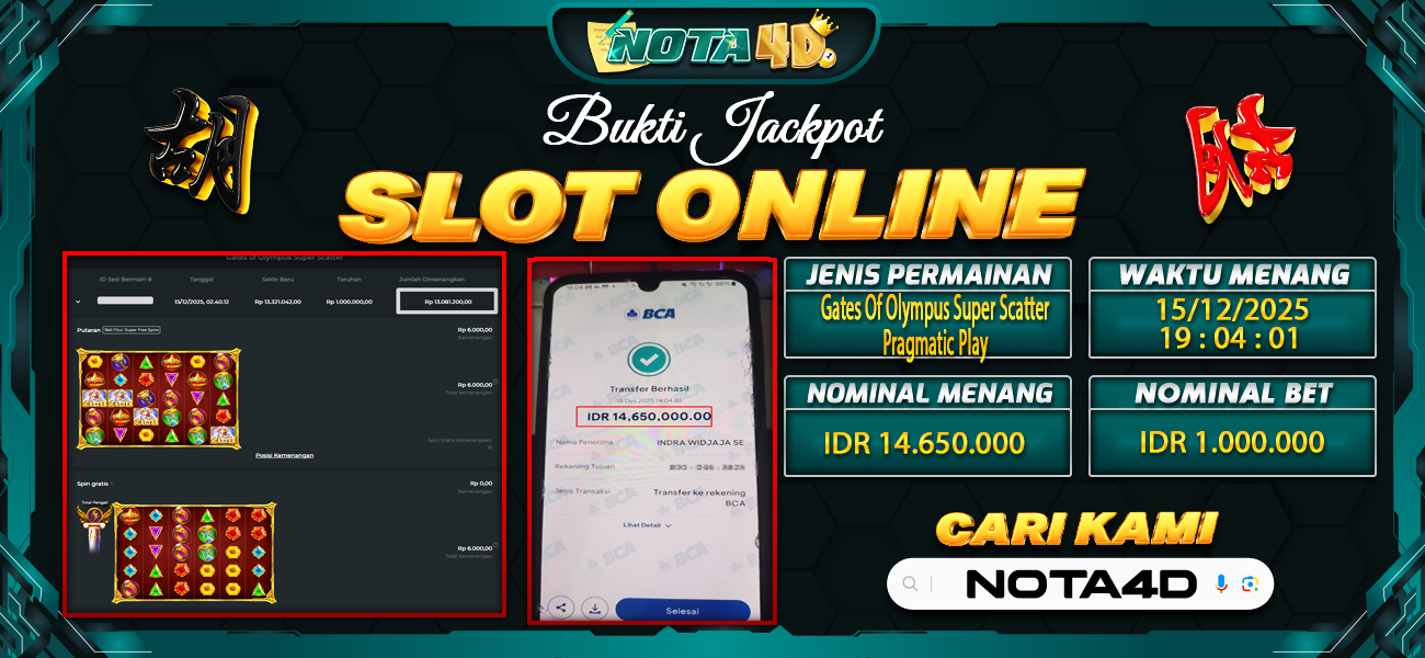 Bukti Kemenangan Besar Dibayar lunas Member NOTA4D RP 14.650.000, 16 Desember 2025