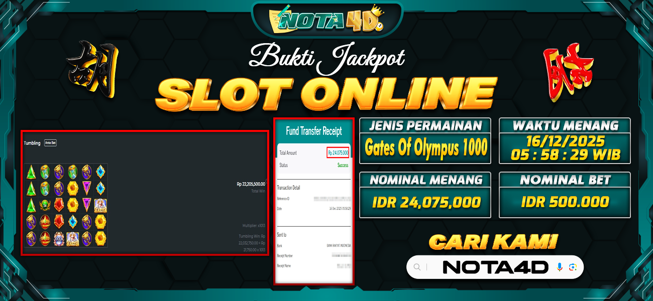 Bukti Kemenangan Besar Dibayar lunas Member NOTA4D RP 24.075.000, 16 Desember 2025